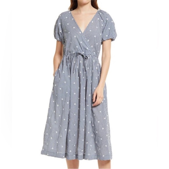 Madewell Dresses & Skirts - SOLD MADEWELL Embroidered Gingham Faux Wrap Tie Waist Midi Dress - Small